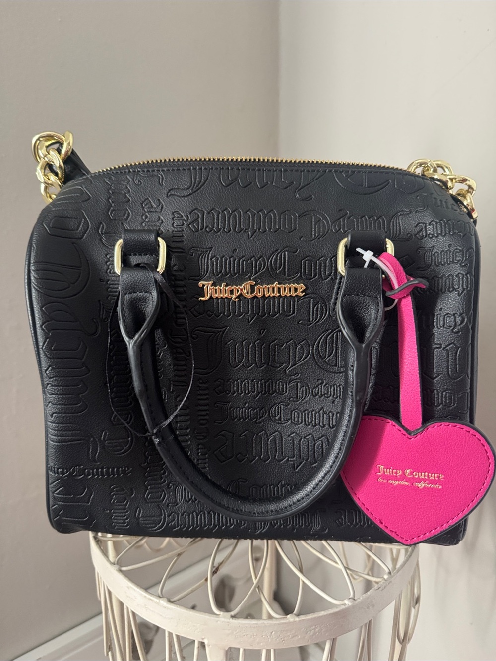 Juicy Couture Black Embossed Leather Satchel with Pink Heart Tag